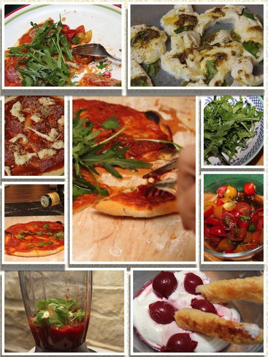 Jamie Oliver 30 Minuten Menü - Scharfe Salamipizza, Dreierlei Salate, Kirschen &Vanille-Mascarpone-Creme