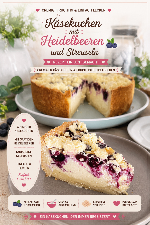 Käsekuchen mit Heidelbeeren und Streuseln wie bei Oma: 1 A Einfach zu backen 3 Käsekuchen mit Heidelbeeren und Streuseln