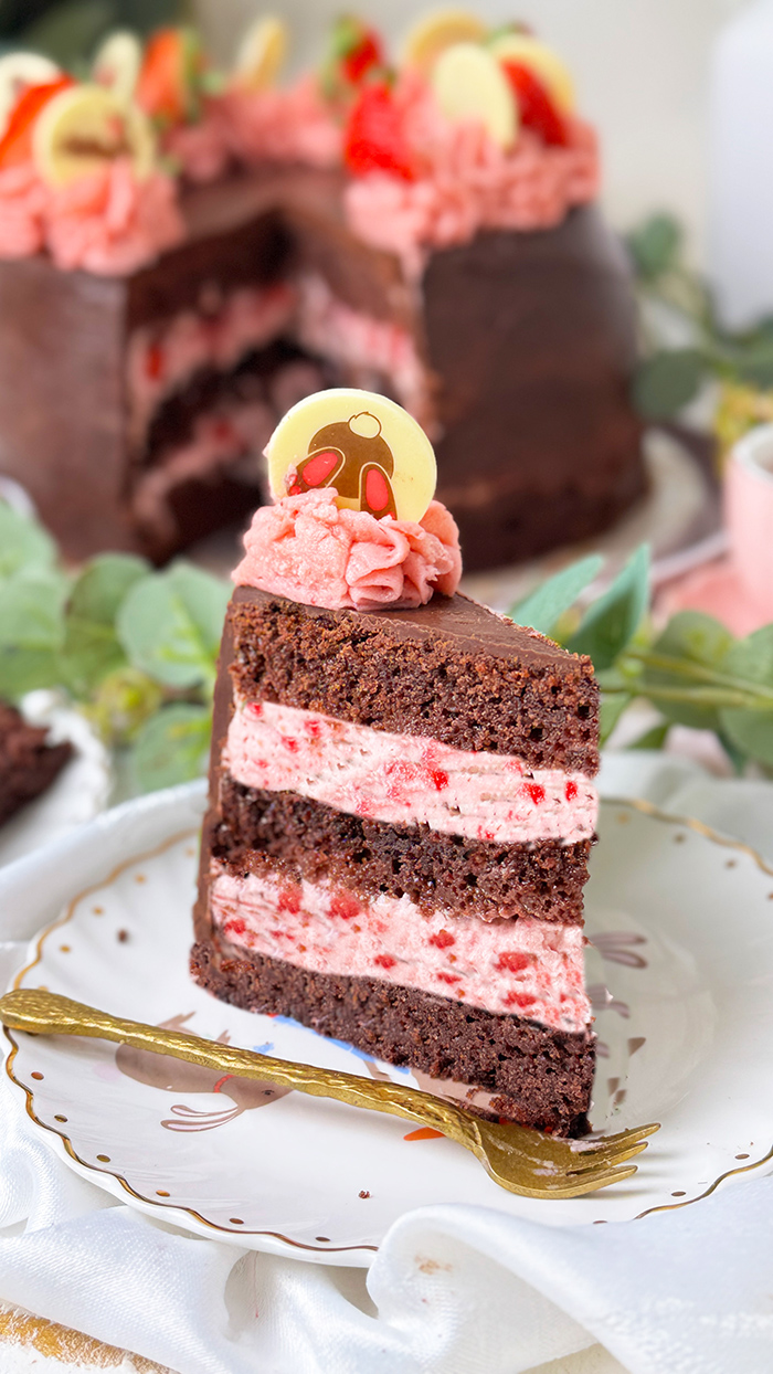 Erdbeer-Schokoladen-Torte mit Schokoglasur, Erdbeercreme und Deko, ein Stück ist angeschnitten und liegt auf einem Teller.