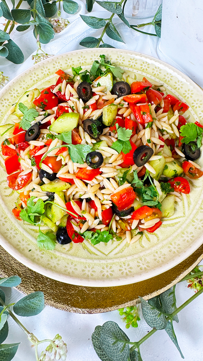 Griechischer Orzo-Salat Rezept auf einen Teller angerichtet