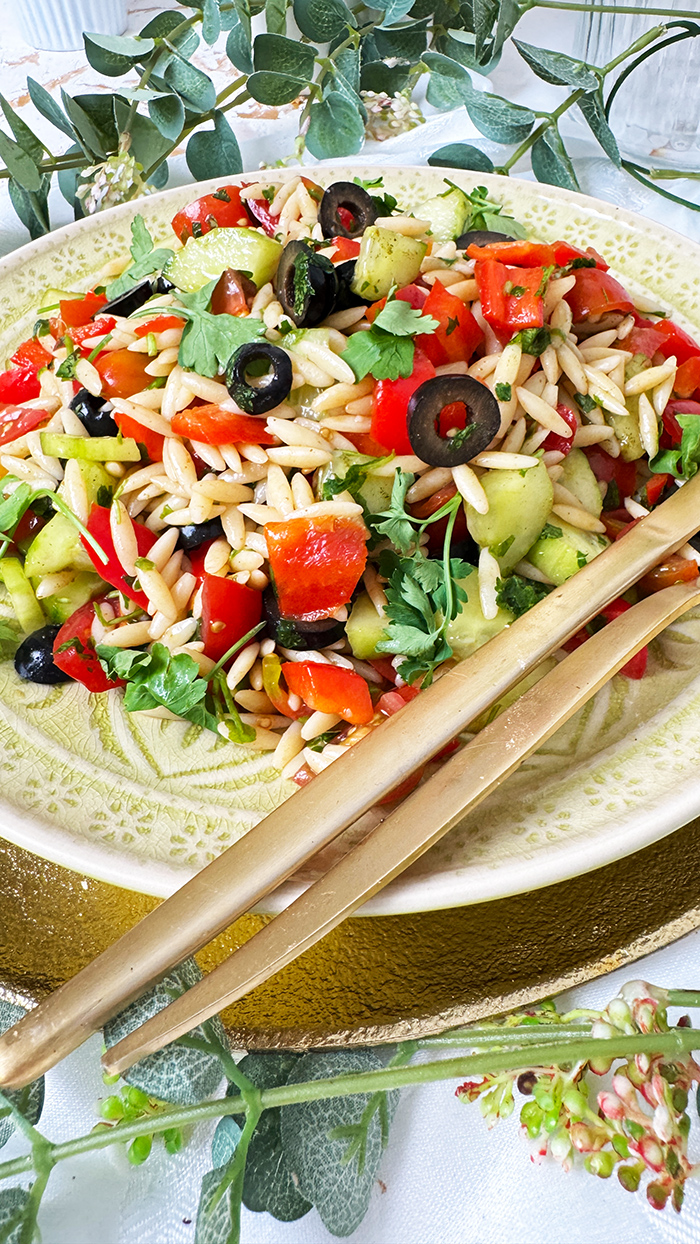 Griechischer Orzo-Salat auf einen Teller angerichtet