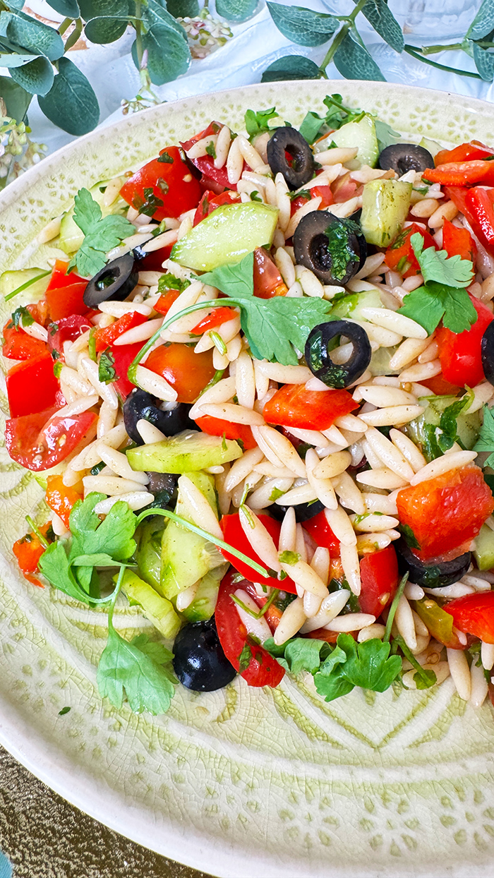Griechischer Orzo-Salat Rezept auf einen Teller angerichtet