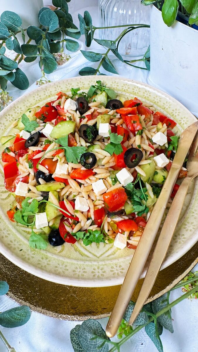 Griechischer Orzo-Salat mit Feta – bunt, frisch & in 20 Minuten fertig 1 Griechischer Orzo Salat mit Feta auf einen Teller angerichtet