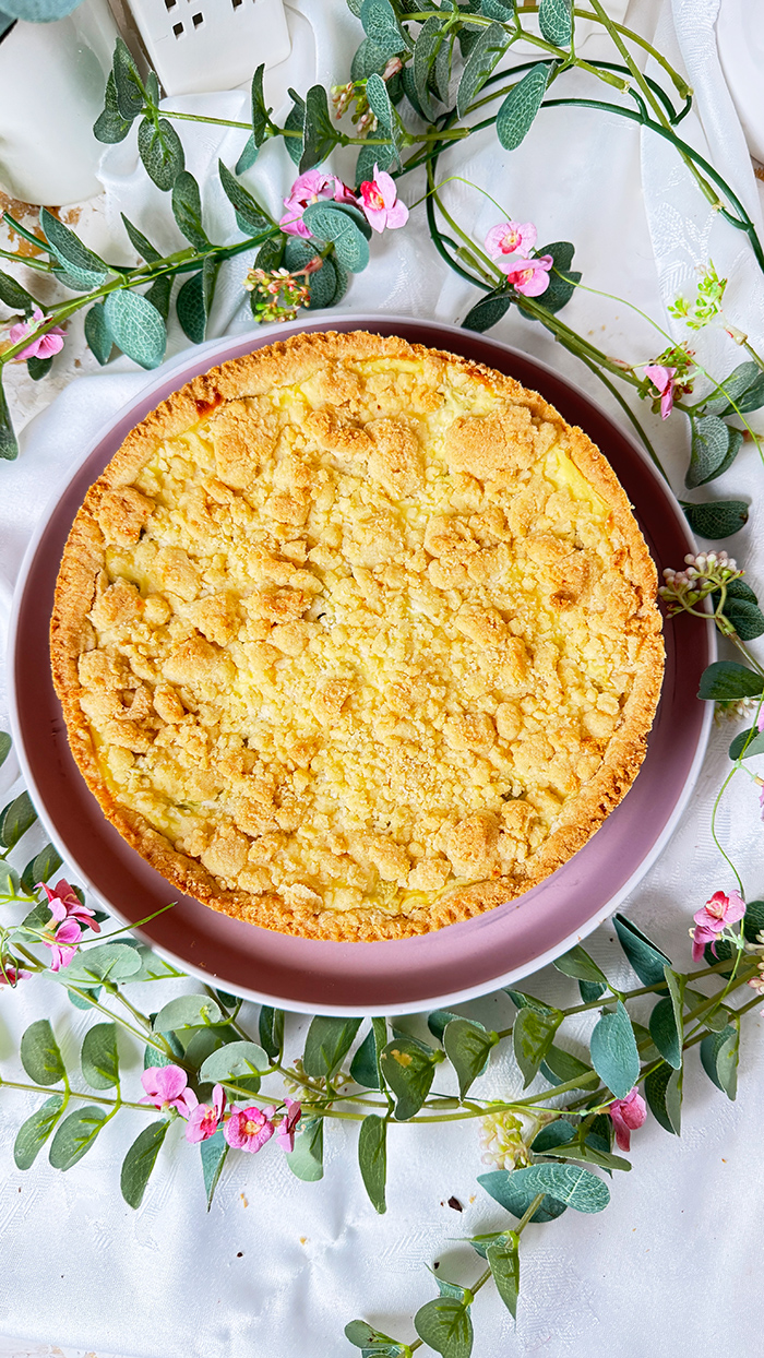 Schneller Rhabarberkuchen mit Pudding mit Streuseln 
