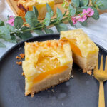 Ein Stück Aprikosenkuchen mit Schmand und Streusel auf einen Teller
