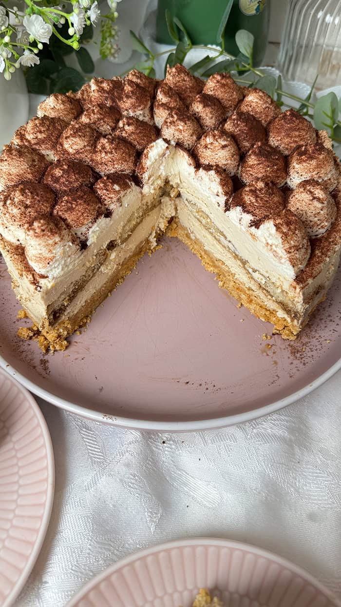 Tiramisu-Torte ohne Backen mit Mascarponecreme und Kakaopulver, umgeben von Blumen. Tiramisu-Torte ohne Backen mit Mascarponecreme und Kakaopulver, umgeben von Blumen.