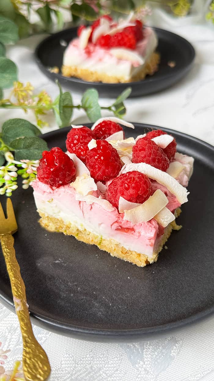Cremiger Himbeerkuchen mit Kokosboden und frischen Himbeeren, ohne Backen