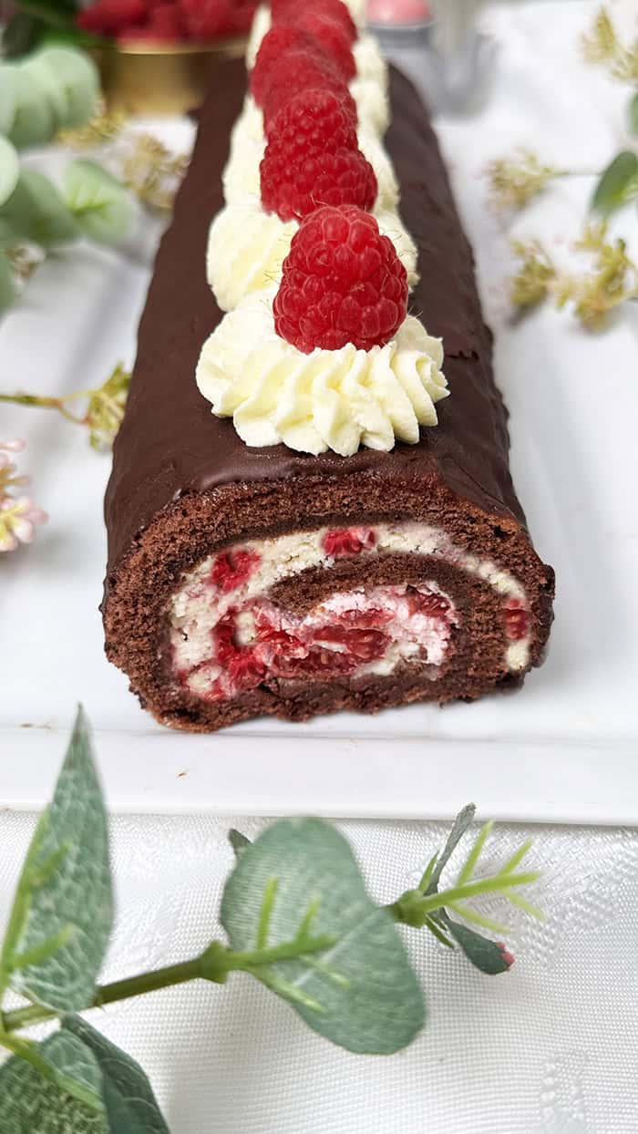 Schoko-Biskuitrolle mit Himbeeren und Sahnefüllung und frischen Himbeeren, dekoriert mit Sahnetuffs und Himbeeren, serviert mit Kaffee