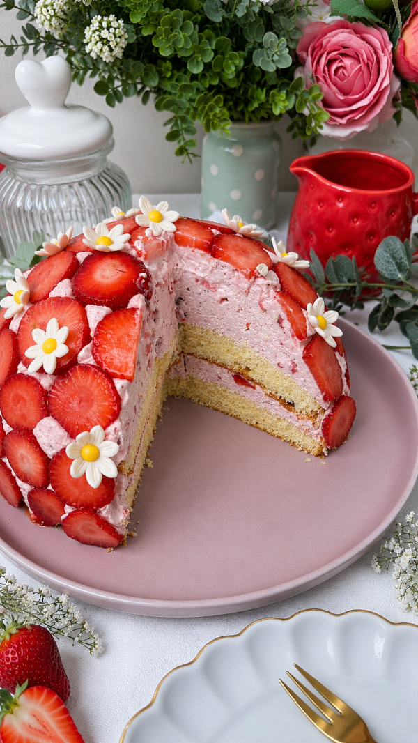 Erdbeer-Kuppeltorte – cremig, fruchtig & unwiderstehlich 9 Erdbeer-Kuppeltorte mit zartem Erdbeermuster außen auf einer Tortenplatte, dekoriert mit Dekorblüten