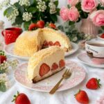 Heller Maulwurfkuchen mit Erdbeeren und Kokos als Kuppeltorte mit luftiger Sahnecreme, frischen Erdbeeren und Kokosraspeln auf einer sommerlich dekorierten Kaffeetafel.