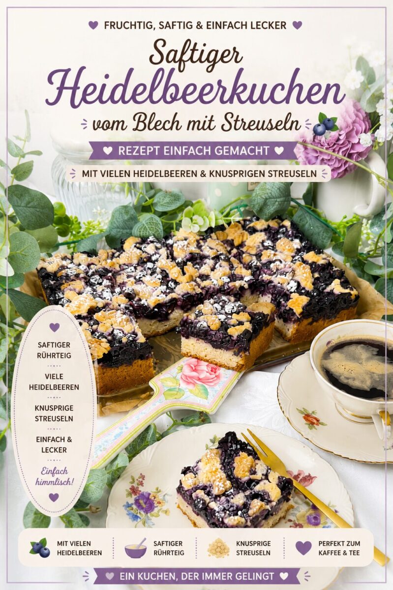 Saftiger Heidelbeerkuchen vom Blech mit Streuseln, Omas Rezept mit Quark-Öl-Teig 8 Heidelbeerkuchen vom Blech mit Streuseln