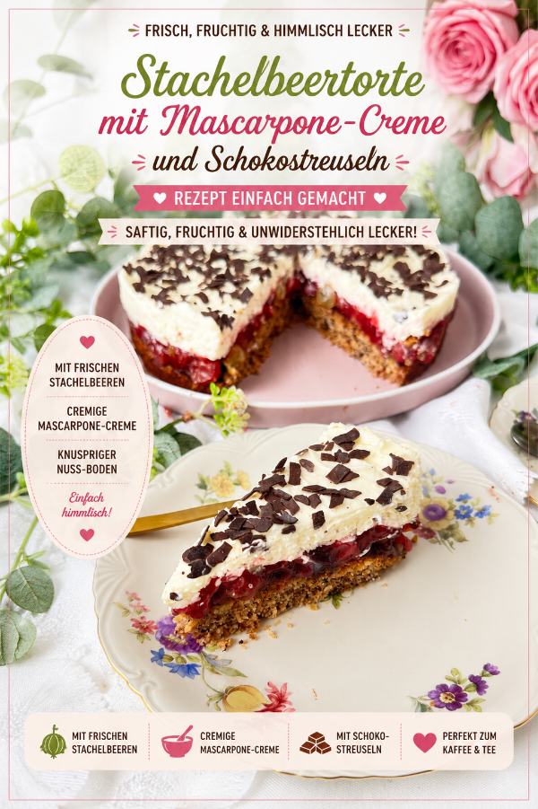 Stachelbeertorte mit Mascarpone, einfach fruchtig und cremig 9 Eine selbstgemachte Stachelbeertorte mit Mascarpone-Creme und Schokostreuseln auf einer rosa Etagere, im Hintergrund dekorative Blumen.