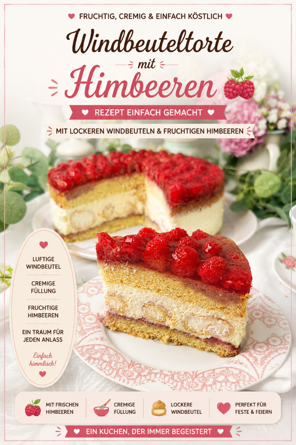 Windbeuteltorte mit Himbeeren, cremig, fruchtig und einfach 8 Windbeuteltorte mit Himbeeren, cremiger Füllung und frischen Himbeeren mit Tortenguss
