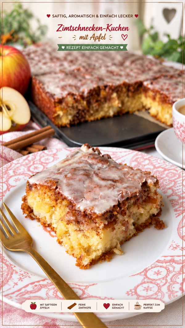 Zimtschnecken-Kuchen mit Apfel und Glasur, saftig & einfach 4 Zimtschnecken-Kuchen mit Apfel