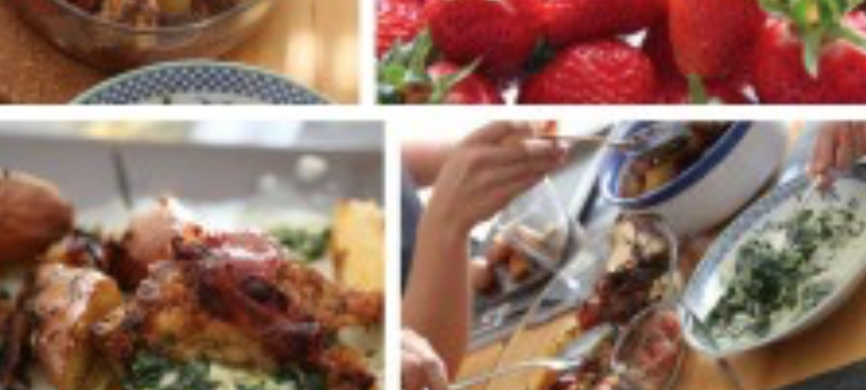 Hähnchen & Tomaten aus dem Ofen, zerdrückte Bratkartoffeln, Rahmspinat & Erdbeere-Slush alla Jamie Oliver 30 Minuten Menü