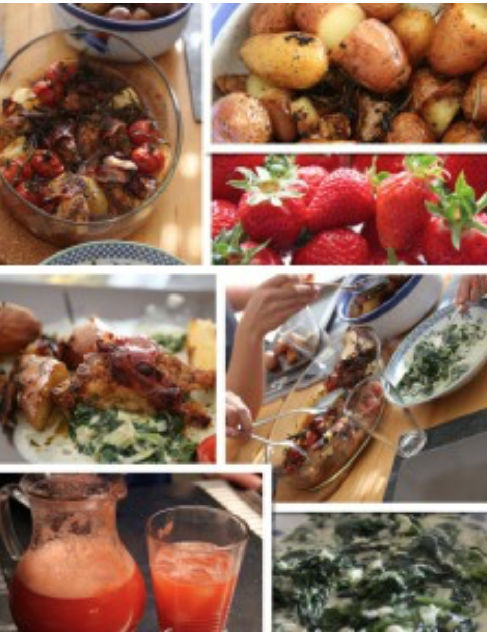 Hähnchen & Tomaten aus dem Ofen, zerdrückte Bratkartoffeln, Rahmspinat & Erdbeere-Slush alla Jamie Oliver 30 Minuten Menü
