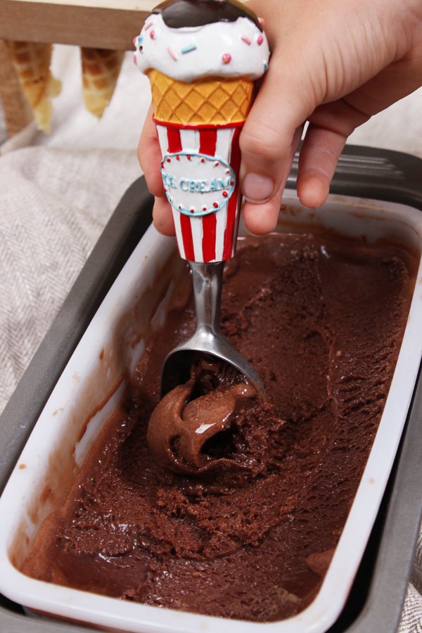 Leckeres dunkles Schokoladeneis mit selbst gemachten Eiswaffeln