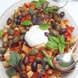 Brotsalat mit tomaten, oliven und burrata 2