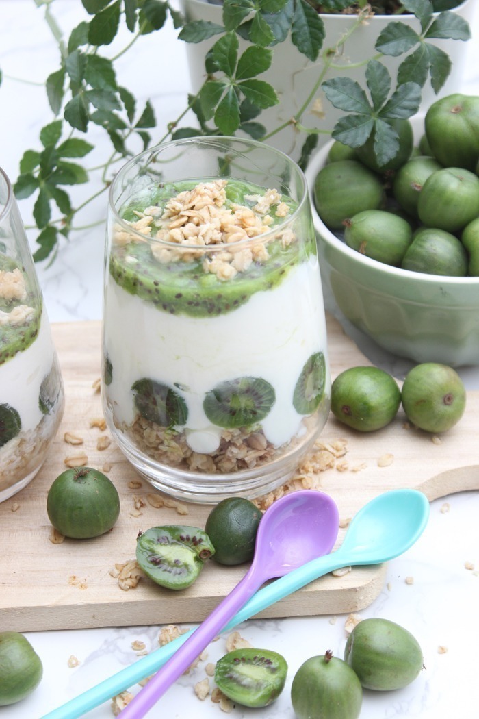 Dessert im Glas mit Kiwi, Kokosjoghurt, Grenola