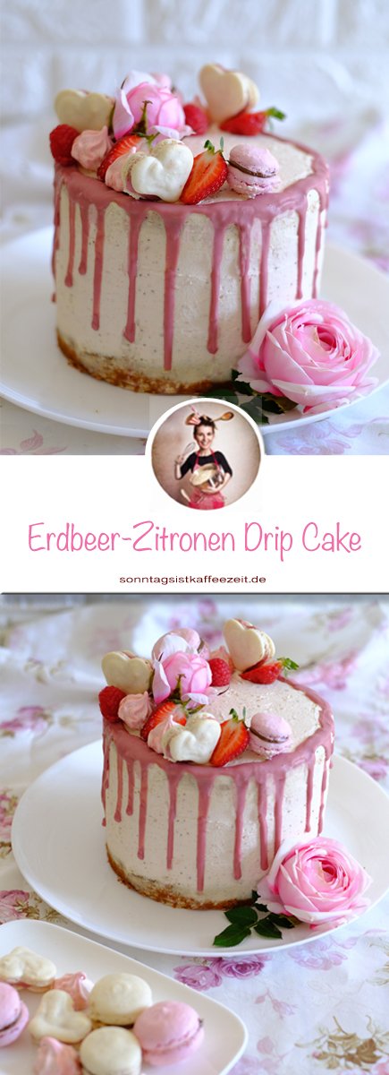 Erdbeer-zitronen-drip cake mit macarons