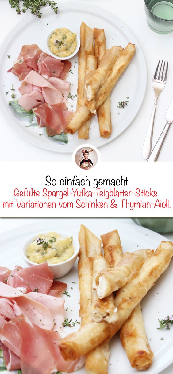 Gefüllte spargel-yufka-teigblätter-sticks mit variationen vom schinken & thymian-aioli