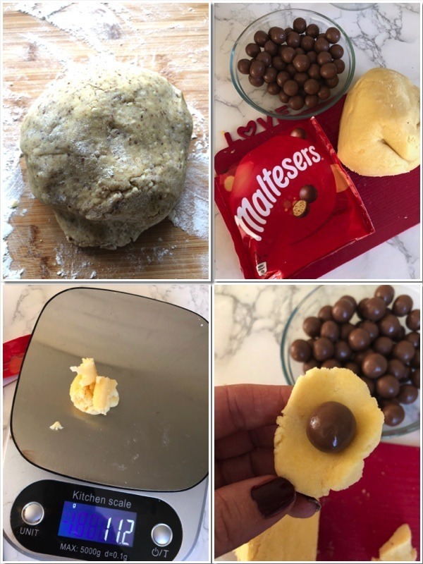 Knusperkugeln mit maltesers gefüllt - weihnachtsplätzchen