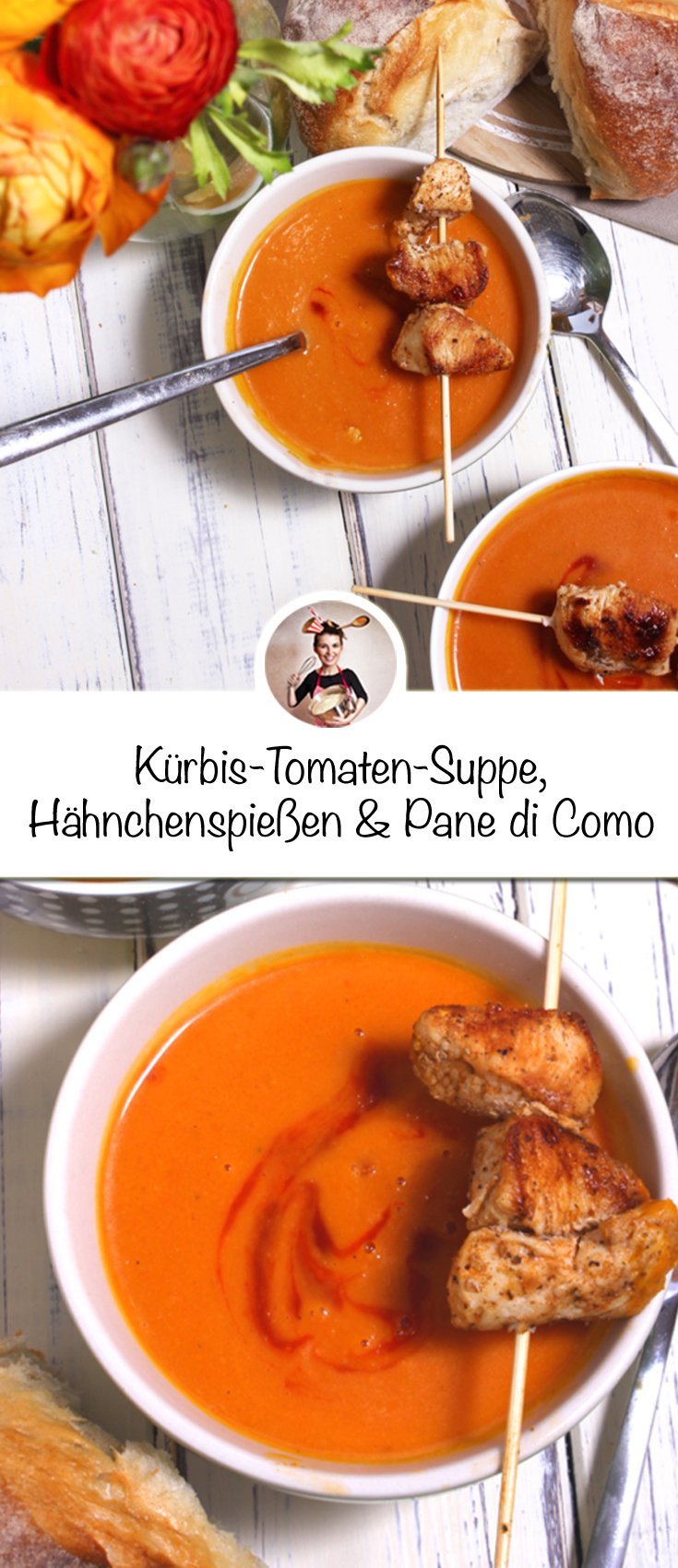 Kürbis-Tomaten-Suppe mit Hähnchenspießen und Pane di Como