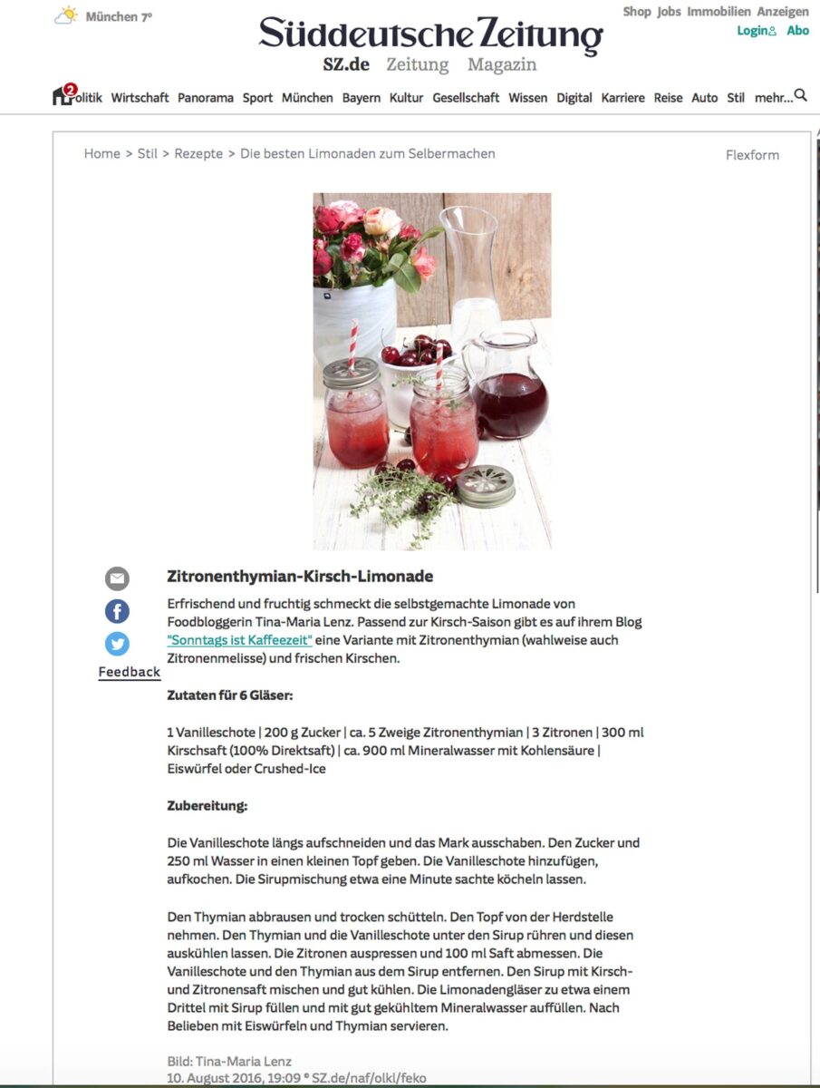 Erfrischung Pur: Zitronenthymian-Kirsch-Limonade Rezept 1 Mein Rezept selbst gemachte Zitronenthymian Kirsch Limonade in der Süddeutschen Zeitung scaled