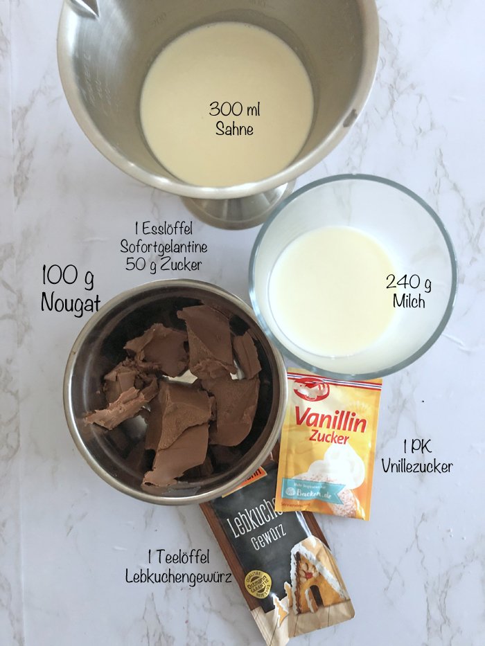 Nougat-lebkuchen panna cotta mit kirschsoße