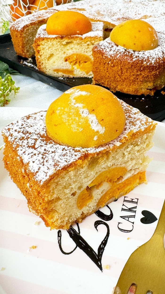 Ein köstlicher, rechteckiger Aprikosenkuchen, bestäubt mit Puderzucker, ist auf einem Teller und einer schwarzen Kuchenplatte angerichtet