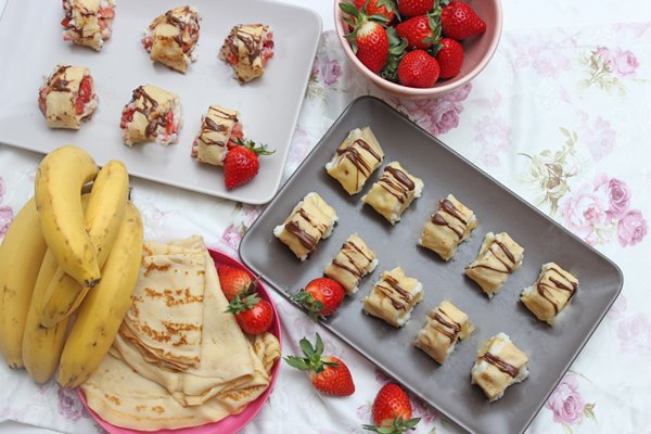 Süßes Sushi mit Crêpes, Milchreis, Bananen und Erdbeeren 15